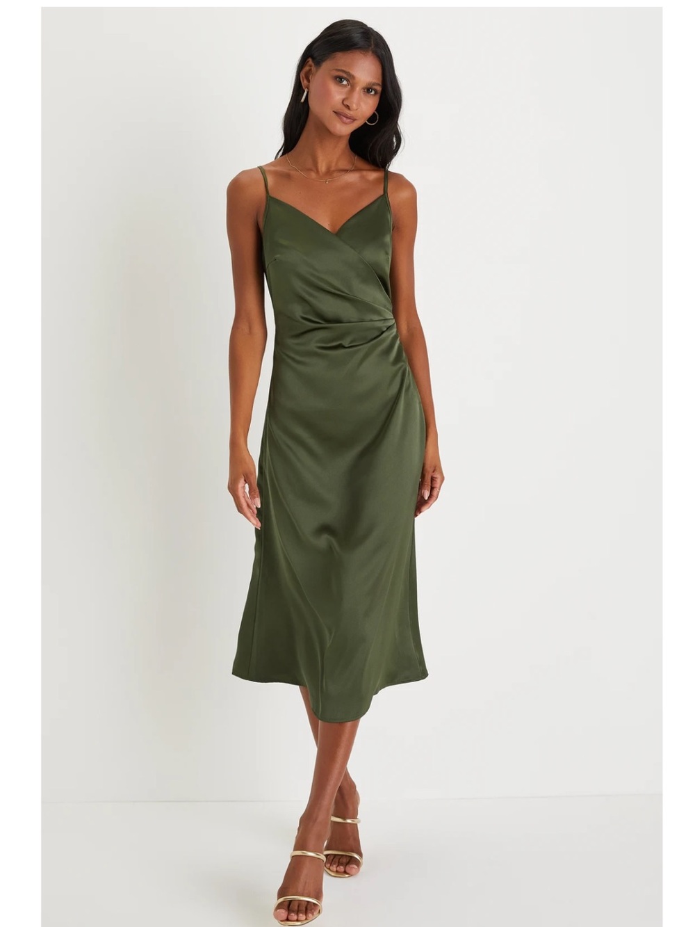Lulus Simplicity of Love Olive Green Satin A-Line Midi Dress Event NWT Large